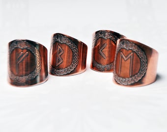 Copper rune rings, viking futhark ring, runes shield ring, armour ring, personalised copper ring, snake eating it's tail, ouroboros