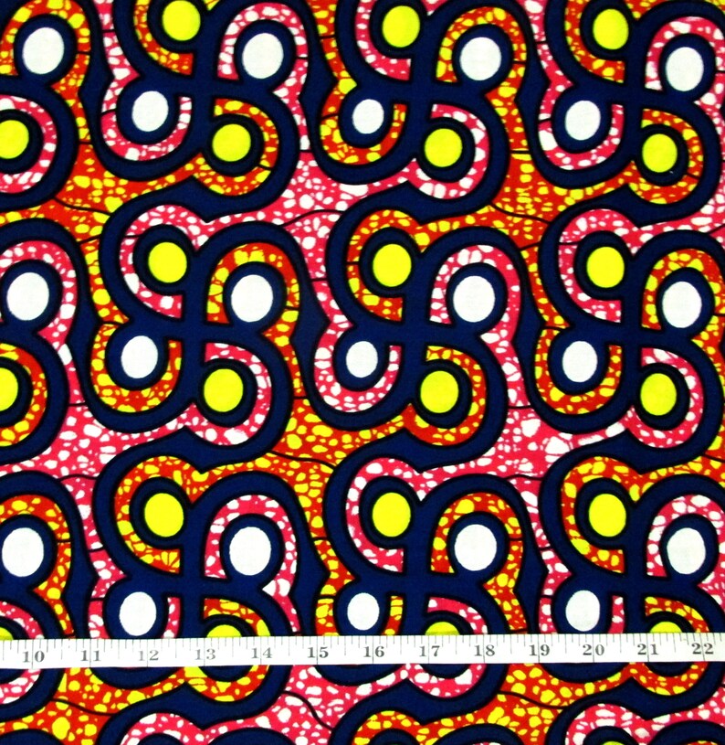 African Fabric 12 Yard Cotton Wax Print BLUE PINK Yellow Abstract BTHY