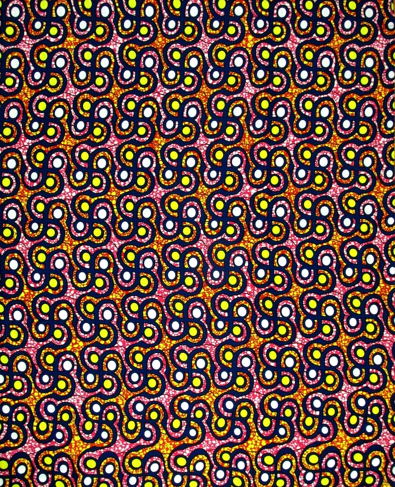 African Fabric 12 Yard Cotton Wax Print BLUE PINK Yellow Abstract BTHY