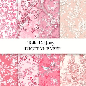 Pacote de papel digital rosa Toile De Jouy - conjunto de padrão floral vintage sem costura