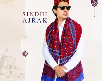 Block Printed Ajrak Dupatta Shawl – Traditional Sindhi Stole for Cultural Events & Weddings