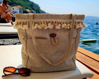 Versatile Beige Summer bag with Pom-Pom and Tassel Decor - Perfect for Beach, Boho bag, Large Tote Bag, Everyday bag