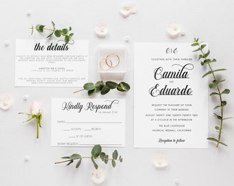 Calligraphy Wedding Invitation Template: Minimalist Design (Digital Download)