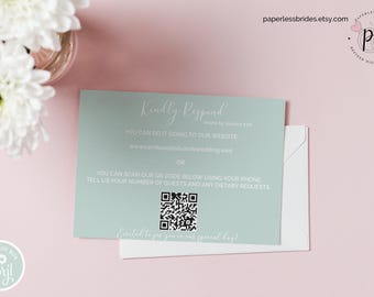 Tarjeta de confirmación de asistencia para boda con código QR: Elegante invitación verde (descarga digital)