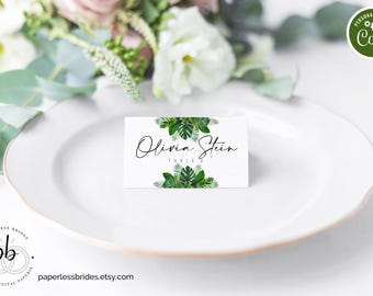 Tropical Wedding Place Card Template: Greenery Monstera (Digital Download)
