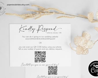 May include: A white card with black text that reads "Kindly Respond online by January 13th". The text continues with instructions on how to RSVP to a wedding, including a website address and a QR code. The card also includes the text "Excited to see you on our special day!"