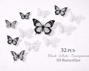 Black White 3D Butterfly Wall Decor 32 PCS | Butterfly Decorations for Bedroom, Wedding, Party Decor