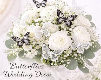 Butterflies for Wedding Decor 32 PCS | Black White 3D Butterfly Decorations for Bouquet, Party, Event Decor
