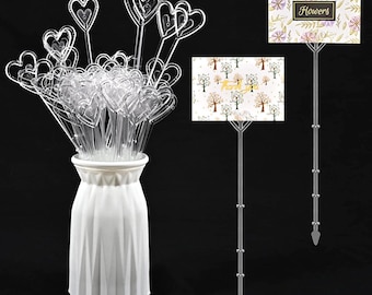 20PCS Clear Plastic Floral Pick Card Holders Pink Heart Shaped Flower Place Card Holders Clips for Floral Arrangement Bouquet, 34cm