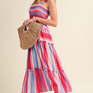 Pin Stripe Smocked Bodice Layered Midi Dress