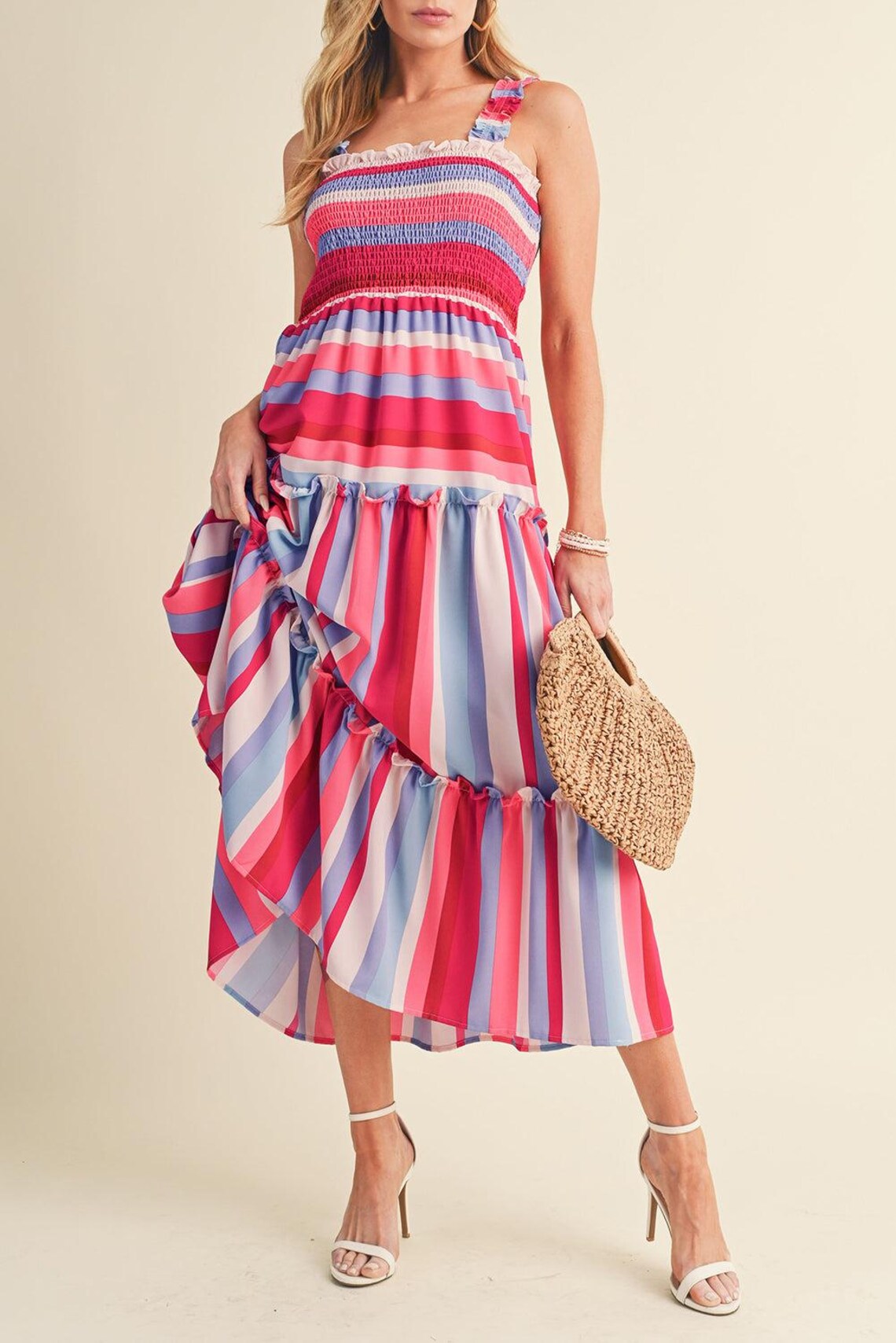 smocked stripe midi dress