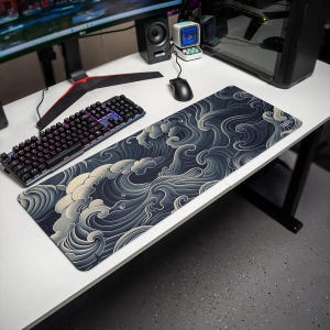 May include: A rectangular desk mat featuring a dark navy blue and cream-colored stylized wave pattern. The design consists of repeating, flowing, and swirling water motifs that cover the entire surface of the mat, creating a continuous graphic.
