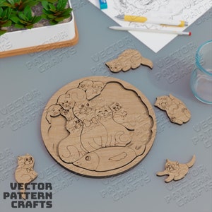 Archivo svg de rompecabezas de gatos educativos de madera cortados con láser Glowforge Kids Montessori Puzzle svg Cricut Gatos rompecabezas redondos patrón vectorial dxf cnc