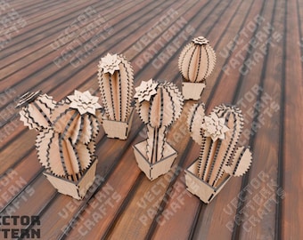 Houten cactus tafeldecor lasergesneden svg-bestand Glowforge cactus bundel svg cricut 3D cactus puzzel dxf cnc vector patroon