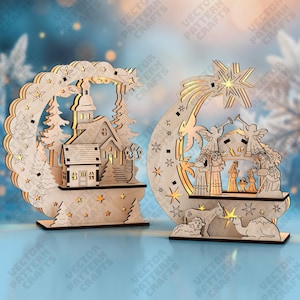 2 Christmas Lantern SVG Laser Cut Nativity Tealight Candle Holder