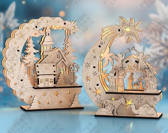2 Christmas Lantern SVG Laser Cut Nativity Tealight Candle Holder