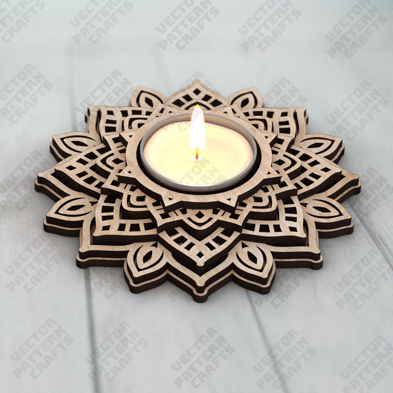 May include: A wooden candle holder with a mandala design. The candle holder is brown with a light-colored interior and holds a lit candle. The design is intricate and geometric, with a floral pattern.