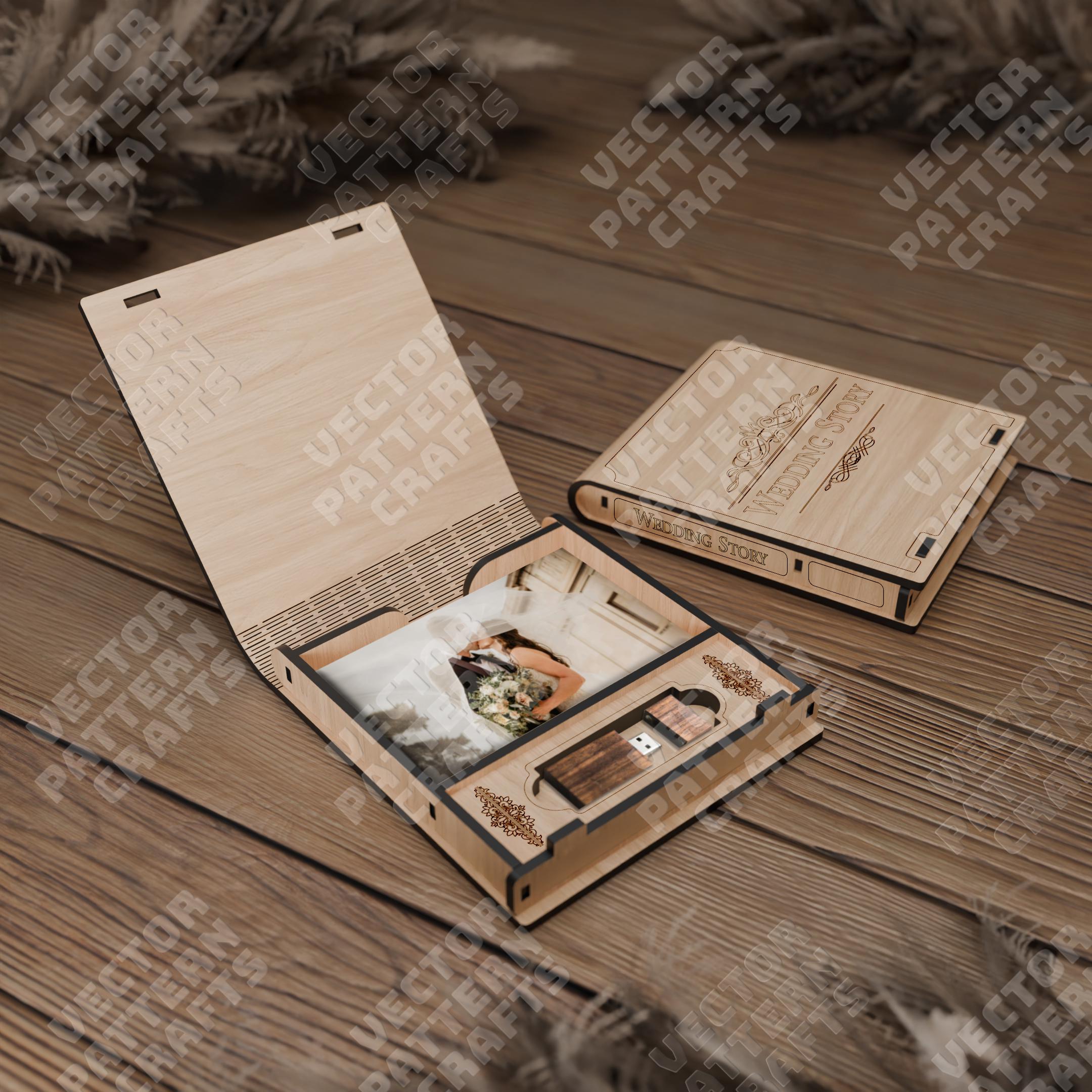 Wooden wedding usb photo box laser cut svg file Glowforge photo usb box svg Wedding photo case dxf cnc vector pattern laser file