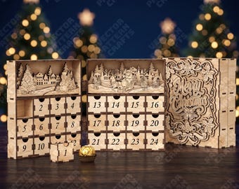 May include: A light-coloured wooden Christmas advent calendar with twenty-four numbered drawers. The top panels feature laser-cut winter scenes with a snowman and Santa in a sleigh. The right panel displays the text Merry Christmas in ornate script.