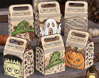 6 Halloween Treat Box Laser Cut SVG Handled Favor Gift Candy Caddy