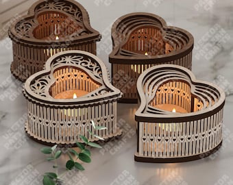 3er Set Herz Teelichthalter Lasercut Datei SVG Glowforge Windlicht Vorlage DXF CNC Vektor Kerzenhalter Tischlampe Holz Laserdatei