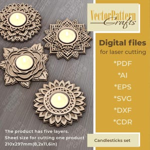 May include: Four wooden candle holders with intricate floral designs, each holding a lit candle. The image includes text that says "Digital files for laser cutting" and "Candlesticks set". The product has five layers.