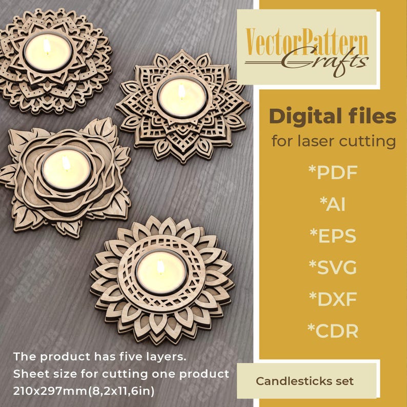 May include: Four wooden candle holders with intricate floral designs, each holding a lit candle. The image includes text that says "Digital files for laser cutting" and "Candlesticks set". The product has five layers.