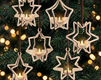 6 Christmas Star Ornaments SVG Laser Cut Tealight Holder Bauble