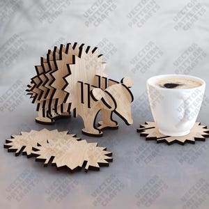 Suporte para porta-copos de ouriço de madeira, arquivo svg cortado a laser, conjunto de suportes para porta-copos de ouriço Glowforge svg cricut, suporte para porta-copos dxf, padrão vetorial cnc