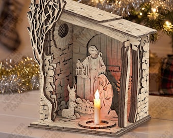 Julkrubba ljusstake laserskuren SVG stenskjul stalllykta