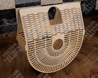May include: A wooden handbag with a woven design. The bag has a curved shape and a handle at the top.