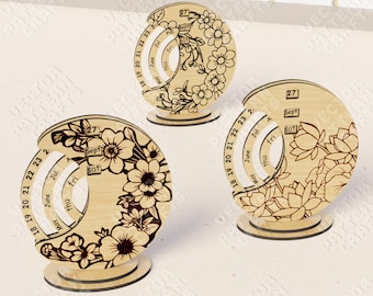 3 Calendario perpetuo floral SVG cortado con láser Decoración de escritorio redonda