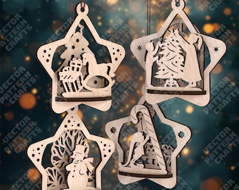 May include: Four wooden star-shaped Christmas ornaments with intricate cut-out designs. Each ornament features a different holiday scene: a Christmas tree, a snowman, a rocking horse, and an angel with a candy cane. The ornaments are suspended by brown strings.