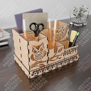 Organizador de mesa coruja arquivo svg cortado a laser Organizador de mesa Glowforge svg Organizador de mesa de madeira dxf padrão vetorial Download digital