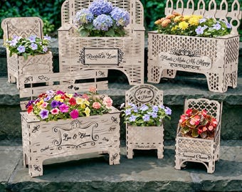 6つの花の椅子型プランターSVGレーザーカットベンチ型植木鉢スタンド装飾