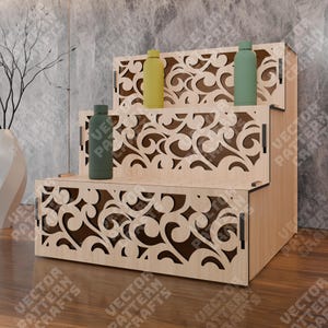 Organizador de estantes de exhibición con pasos cortados con láser, archivo svg. Estante de exhibición con pasos Glowforge, patrón vectorial dxf de organizador de escritorio de madera, archivo digital