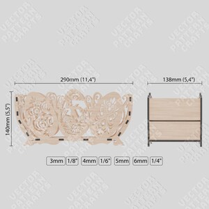 May include: A laser-cut wooden decorative basket with intricate floral and egg designs. The basket is 11.4 inches long, 5.5 inches high, and 5.4 inches wide. The image also shows a side view of the basket and the thickness of the wood.