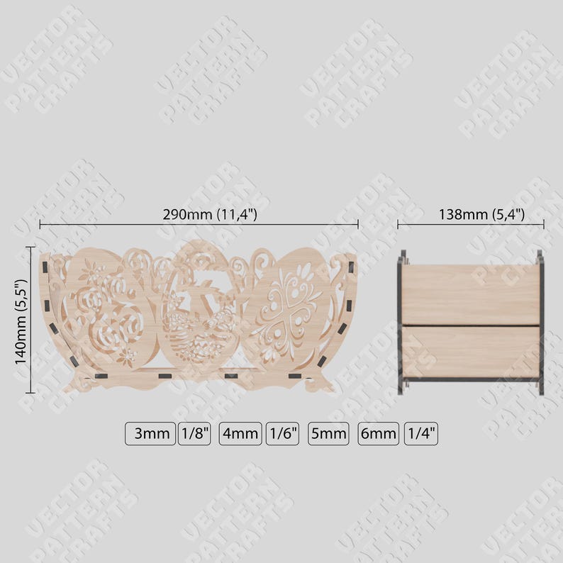 May include: A laser-cut wooden decorative basket with intricate floral and egg designs. The basket is 11.4 inches long, 5.5 inches high, and 5.4 inches wide. The image also shows a side view of the basket and the thickness of the wood.