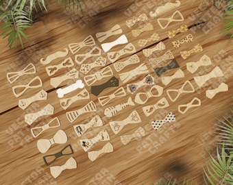 May include: A collection of 40 laser cut wooden bow tie shapes, each with a unique design. The bow ties are arranged on a wooden surface.