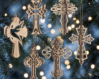 6 ornamenti a croce SVG Taglio laser 3D Decorazione natalizia cristiana per albero di Natale