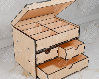 Organizador de cajones de escritorio SVG, caja de almacenamiento de madera cortada con láser, tapa de compartimento
