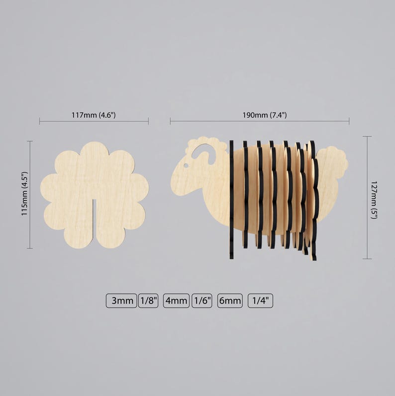 May include: Wooden bookends shaped like a sheep with a layered design. The bookends are 19 cm wide, 12.7 cm tall, and 11.5 cm deep. The bookends are made of natural wood and have a black painted edge.