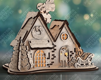 Archivo de corte láser de escena de casa de Papá Noel navideño Glowforge 3D Christmas House svg Plantilla dxf de miniaturas de Papá Noel navideño Archivo láser navideño