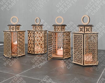 4 Lanternas Geométricas Recortadas a Laser em SVG, Suporte para Vela Tealight, Lâmpada de Madeira