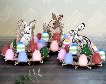 Laser cut Easter bunny egg holder stand 3 bundle svg cutting file Glowforge Easter egg holder organizer dxf template Easter laser file
