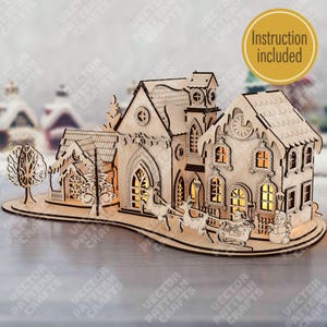 Kerstdorp SVG lasergesneden houten kerstmanhuizen verlicht decor winters tafereel