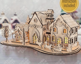 Christmas Village SVG Laser Cut Santa House Lighted Winter Scene Decor