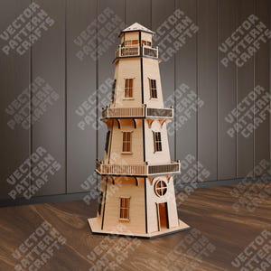 Drewniany plik svg z wycinanym laserowo latarnią morską Glowforge lantern tower svg cricut Light tower dxf cnc vector pattern Plik laserowy latarni morskiej