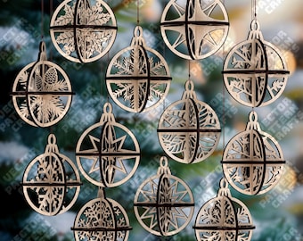 12 Snowflake Christmas Bauble SVG Laser Cut 3D Ball Ornament Winter Tree Tree