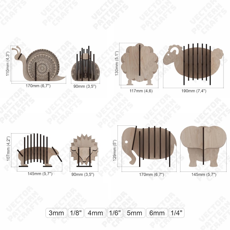 Puede incluir: Artesan&iacute;a de madera con forma de animales, incluyendo un caracol, una oveja, un carnero, un elefante y un le&oacute;n, con dimensiones en cent&iacute;metros. El caracol mide 17 cm de largo, y el elefante mide 17 cm de largo. Las manualidades est&aacute;n dise&ntilde;adas con ranuras para el montaje.